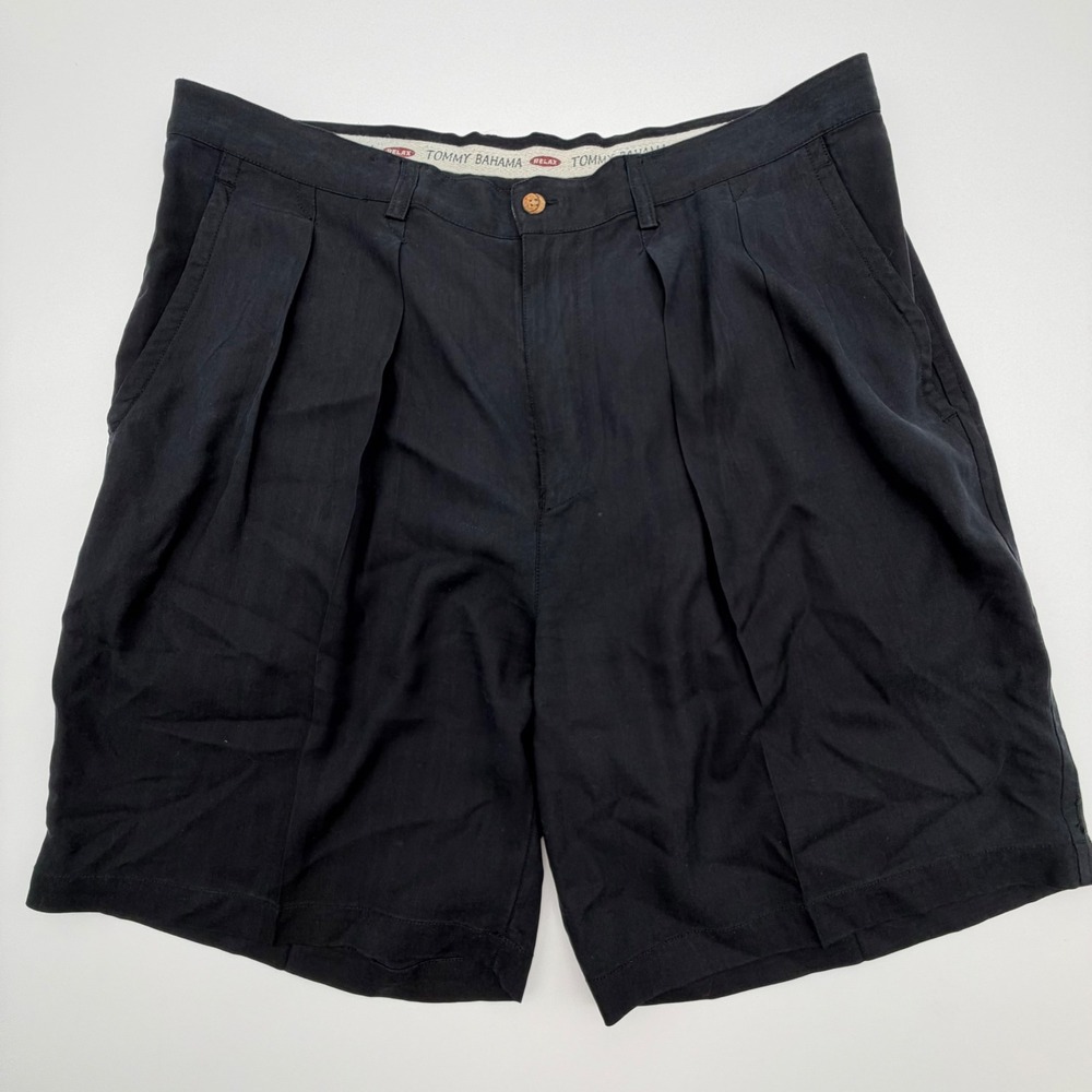 Tommy Bahama Relax Mens 38 Black 100% Silk Pleated Herringbone Shorts Palm Tree